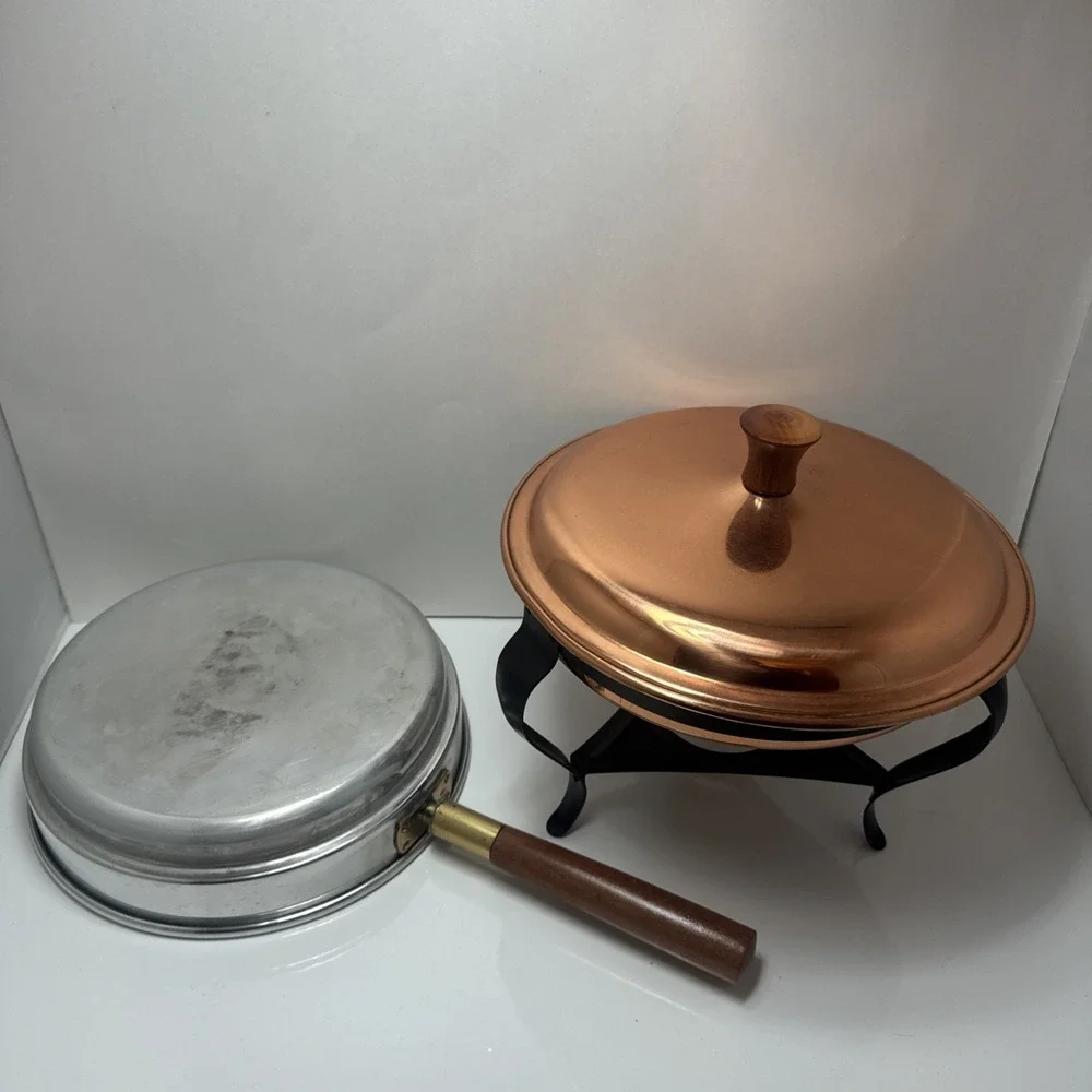 Vintage Copper & Brass Chafing Dish with Wood Handles and Stand – Classic Warmer
